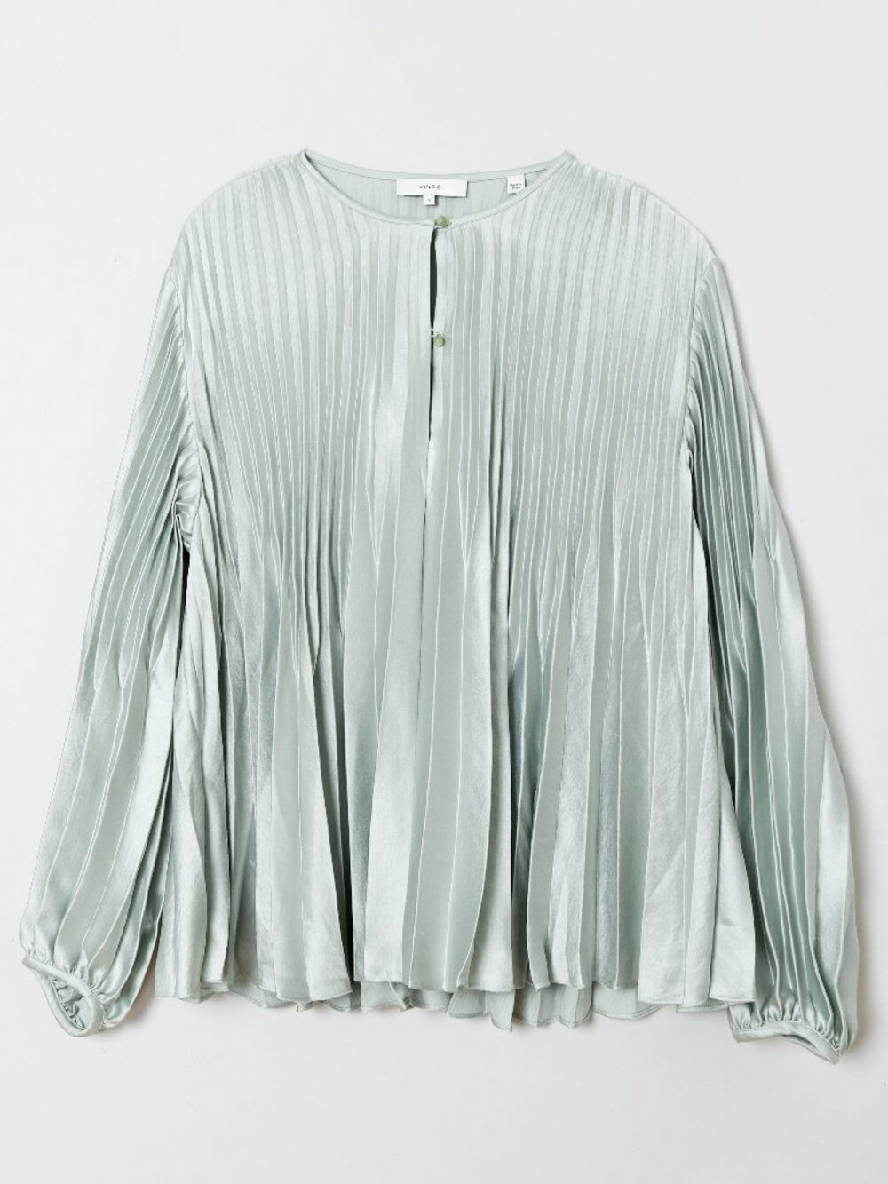 Vince Seafoam Green Pleated Satin Blouson Sleeve Top